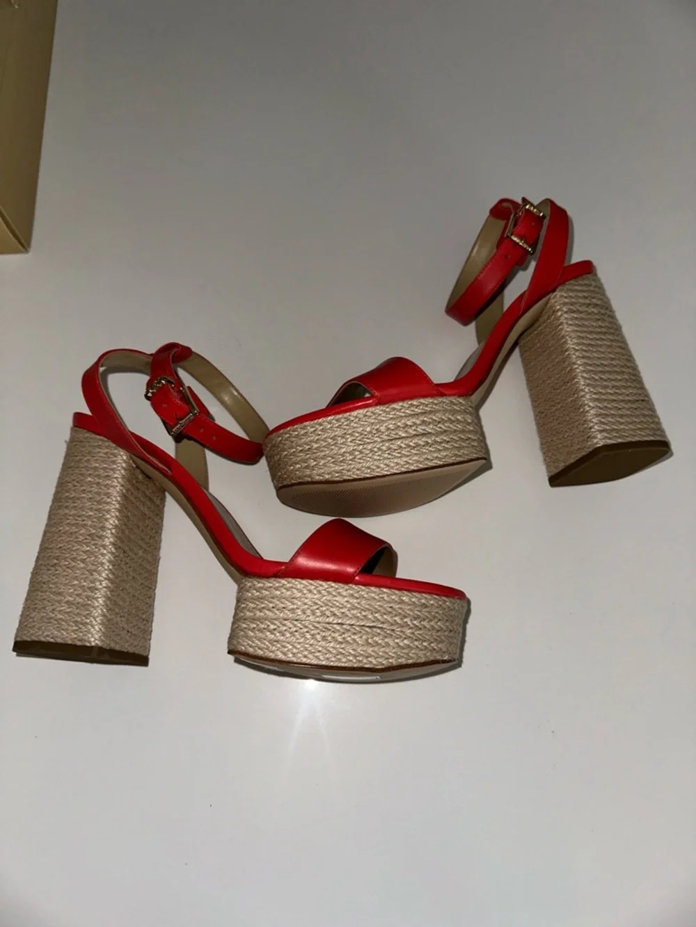 Michael Kors “Ashton” spiced coral leather jute 80s platform heels sandals 10
